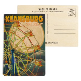 Keansburg, New Jersey, Ferris Wheel and Full Moon (4x6 Birch Wood Postcards, 2-Pack Stationary, Rustic Home Wall Decor)