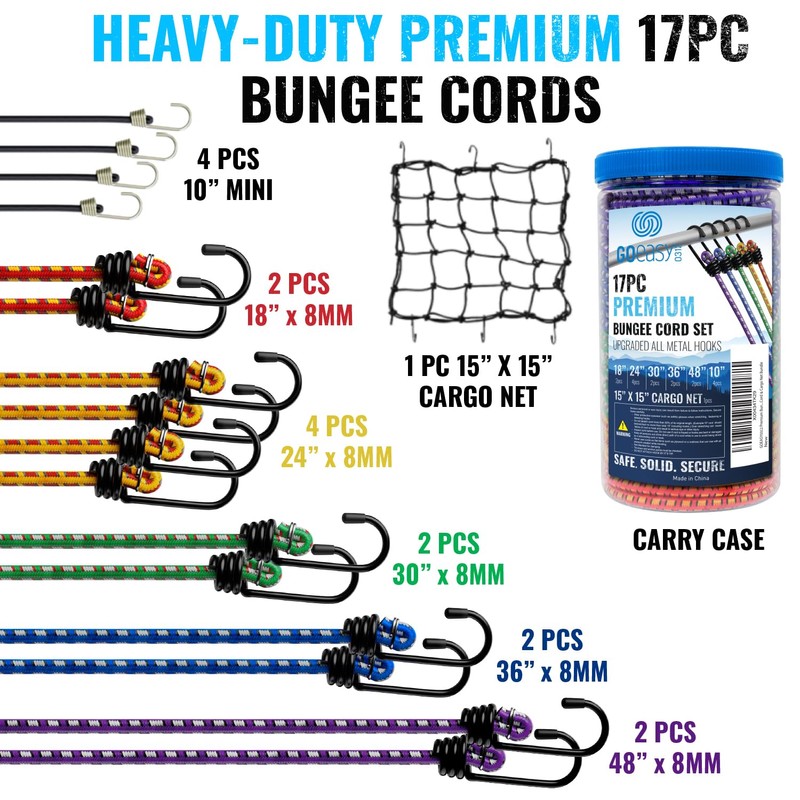 GOEASY0312 Premium Bungee Cords Heavy Duty - 17 Piece Bungee