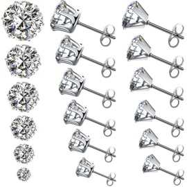 Stud Earrings, [6+6 Pairs] Stud Earrings for Women, Men, 3-8mm Cubic Zirconia Earrings Studs, 316L Stainless Steel Hypoallergenic Earrings Set, Silver