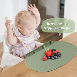 Silicone Placemat with Food Catching Pockets for Baby & Kid, Food Grade Silicone Non-Slip Toddler Food Place Mats with Raised Edges for Dining Table (Sage)