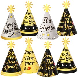 DPKOW New Year's Eve Party Hats, 12pcs Happy New Year Cone Hats for 2024 New Year's Eve Party Supplies, Black Gold Silver