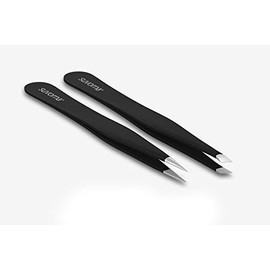Suvorna 4" Precision Aligned Professional Tweezers Color Sets with Premium Stainless Steel. One Sharp Pointed Pair and One Slant Tip Pair for Eyebrow Shaping. Great for Ingrown Hair. Easy Care Set. (Black)