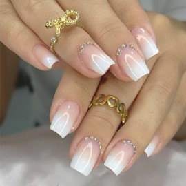 WAFOLOZE Press on Nails Short, Ombre White Nails Press on Square Fake/False Nails with Rhinestones Press ons Designs Acrylic Artificial Nails Stick on Nails for Women 24Pcs