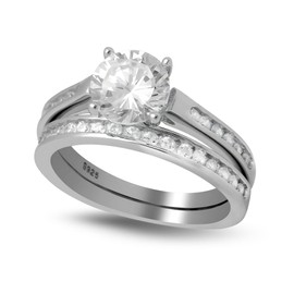 Victoria 2 Ct Wedding Ring Set for Women by Ginger Lyne | Sterling Silver Solitaire Engagement Ring Matching Anniversary Band for Her | Hearts and Arrows Cubic Zirconia Bridal Jewelry