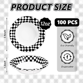 Whaline 100Pcs Plaid Paper Bowl 9Oz Black White Checkerboard Disposable Soup Bowl Race Car Dessert Serving Bowl for Birthday Picnic Party Ice Cream Snack Food Supplies