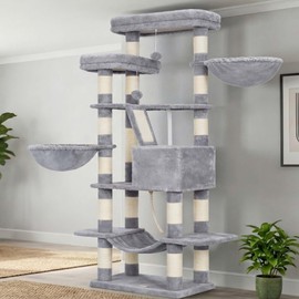Heybly Cat Tree, 68 inch Multi-Level Cat Tower for Indoor Cats, 2 Widened Plush Perches Cat Condo with Scratching Board and Big Caves, Light Gray HCT025W