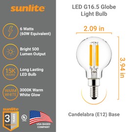 Sunlite 81145 LED G16.5 Filament Style Globe Light Bulb, 6 Watts (60W Equivalent), 500 Lumens, 120V, Dimmable, Candelabra Base (E12), 90 CRI, UL Listed, Title-20 Compliant, 3000K Warm White, 6 Pack