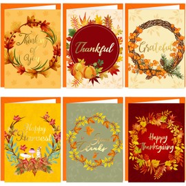 Thanksgiving Cards with Envelopes Gold Foil Fall Wreath Greeting Cards 12Pcs