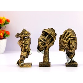 ESPLANADE Human Faces - Zen Sculpture Showpiece - Set of 3 | See No Evil, Hear No Evil, Speak No Evil | Face Expressions Statement Pieces | Home Decor | Resin - Brown - 6.5" Inches
