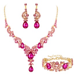 EVER FAITH Austrian Crystal Bridal Art Deco Floral Wave Teardrop Necklace Earrings Bracelet Jewelry Set for Bride Fuchsia Gold-Tone