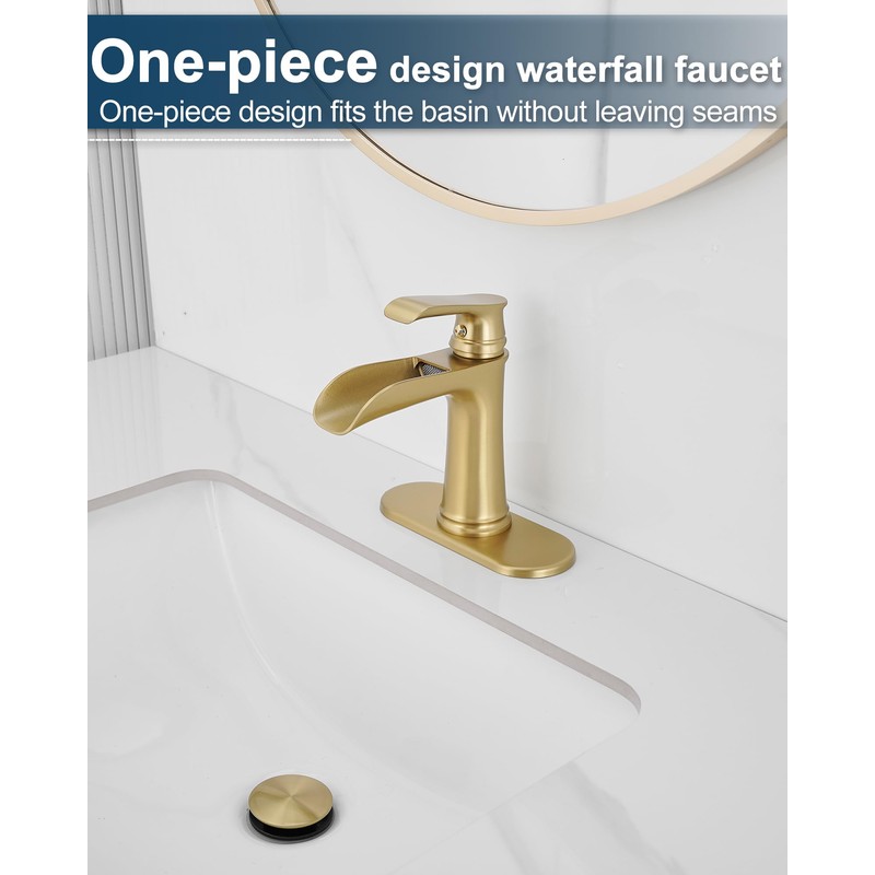 HOIGY Waterfall Faucet, Brass Gold Bathroom Faucet 1 Hole, 1