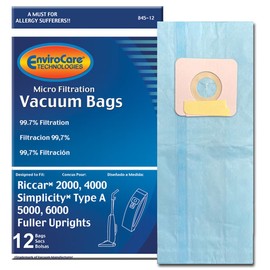 EnviroCare Replacement Micro Filtration Vacuum Cleaner Dust Bags made to fit Riccar 2000, 4000 and Vibrance Series. Simplicity 5000, 6000 and Symmetry Type A 12 pack
