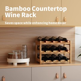 VASMIA Bamboo Wine Rack, Sturdy and Durable Wine Storage Cabinet Shelf, Wine Racks Countertop for Pantry,Kitchen,3-Tier 12 Bottles Wine Rack Natural
