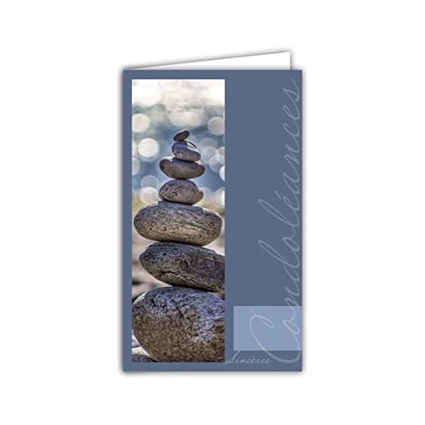 Afie 24-1025 SincÃ¨res Condolances Card with White Envelope 95 x 160 mm Cairn Montjoie Stacked Pebbles Zen Stones Sea Blue Soul Rest