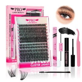 186Pcs Lash Extension Kit 2 Styles Individual Eyelash Extension Lash Clusters with Lash Bond and Seal Lash Applicator Individual Lashes Kit Eyelash Brush (40D+Glisten-10-16mix Kit)