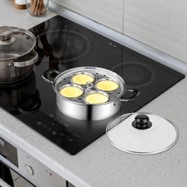 8Inch Stainless Steel Egg Poacher Pan, 4 Egg Poaching Cups for Easy Release, Tempered Glass Lid for Visible Cooking, Healthy Long-lasting, All Stovetops Compatible