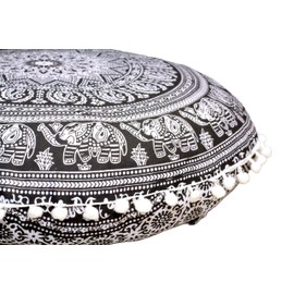Round Mandala Floor Pillow Cover Seating Cushion Throw Cover Hippie Decorative Bohemian Ottoman Pouf Cover, Pom Pom Pillow Cases,Boho Indian 22 Inches (Black Elephant Flower)