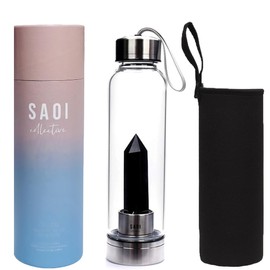 SAOI Crystal Water Bottle - Black Obsidian Gemstone Infused Elixir - Natural Wellness Healing - Glass/Stainless Steel