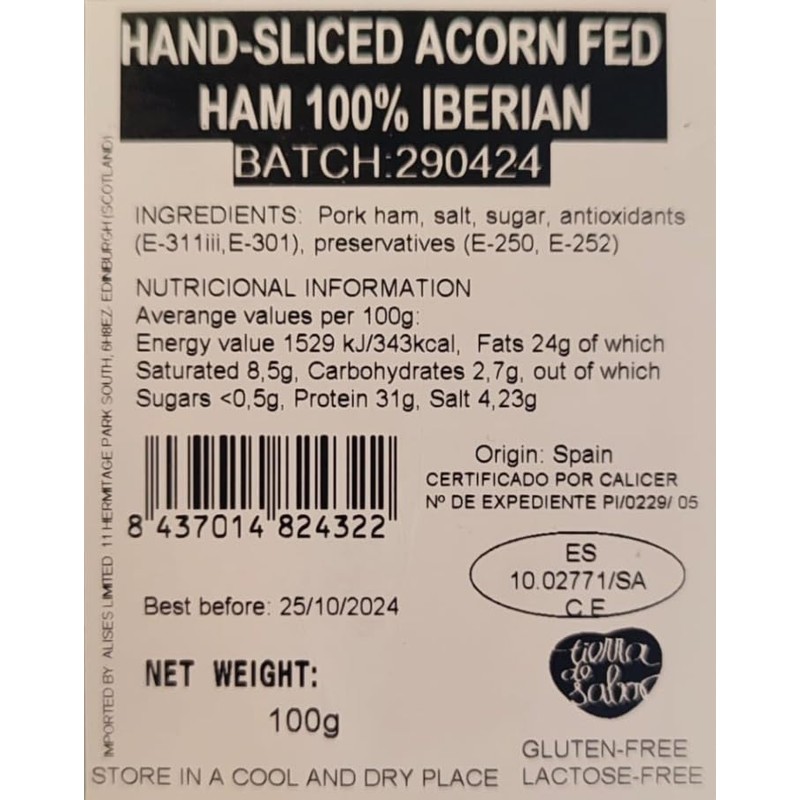 100% Iberian Acorn-fed Ham - Hand Cut Slices 100g -