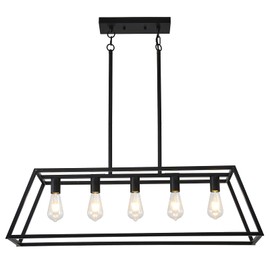 HQZBPT Farmhouse Rectangle Chandeliers for Dining Rooms, Modern Linear Hanging Light Fixture Matte Black 5-Light Industrial Pendant Lighting for Kitchen Island