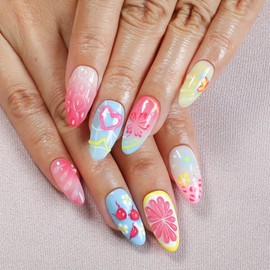 Handmade Press on Nails Beach Summer 3D Starfish Flower Fake Nails Gradient False Nails with Designs Muti-Layer Gel Stick on Nails Art Glossy Pearl Medium Almond Acrylic Nail for Women (Size M)