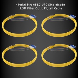 4PACK 1.5m (5ft) LC-UPC 6 Strand Single Mode 9/125 Fiber Optic Pigtail, Color-Coded OS1/OS2 Cable with Ceramic Ferrule for Fusion Splicing, Ideal for OLT, ONU, Servers, Telecom and Netwrok Equipment