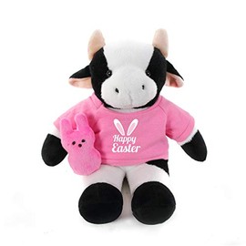 Plushland Easter Stuffed Animal with Bunny Carrot Soft Lovely Realistic Sitting Plush Toy with Pattern on Blue and Pink Shirt (Cow Pink)