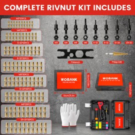 WOBANK Rivet Nut Tool Kit, 8" One Handed Rivnut Tool with 160pcs Nuts for Tight Spaces, 8 Metric & SAE Mandrels (M3, M4, M5, M6, 6-32, 8-32, 10-24, 1/4-20), Step Drill, Wrench, Gloves & Carrying Case