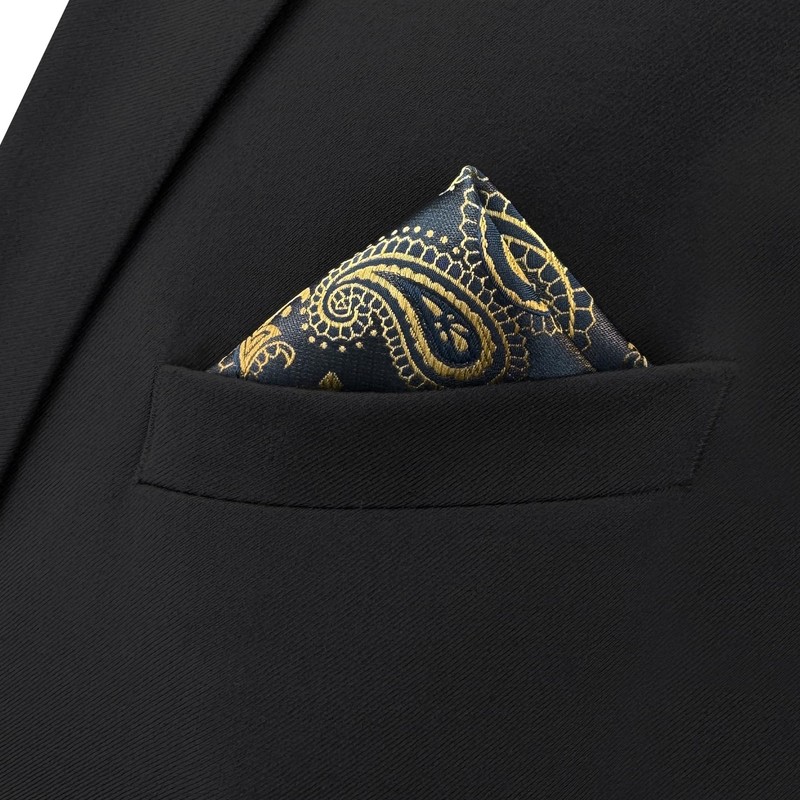 SHLAX&WING Paisley Black Golden Pocket Square Men's Necktie Silk MH10