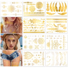 HOWAF 9 Sheets Gold Tattoos Temporary Metallic Flash Gold Temporary Tattoos for Women Girls Mandala Flower Lace Glitter Fake tattoos Festival Tattoo Stickers Waterproof Face Stickers Body Art