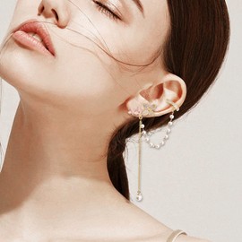 Sonateomber Helix Chain Stud Cuff Single Side Dangle Earrings for Women - Fancy Sweet Teen Girl Illusion Multi piercing Pink Flower Push Back with Non Piercing Small Hoop Cartilage Ring Cuff Pearl Bead Link Chain- Thanksgiving Christmas New Year Gift