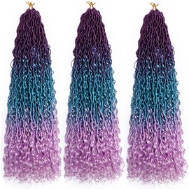 BALINGHAIR Goddess Locs Crochet Hair Ombre Purple to Lake Blue to Light Purle 22 Inch 3 Packs Bohemian Faux Locs Crochet Hair With Curly Ends Pre Looped Hair Extensions 16 Roots/Pack(C26)