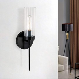 Austin Allen AA1016MB Riley Modern Clear Glass Cylinder Wall Sconce, 1-Light 100 Watt, 17" H x 5" W, Matte Black