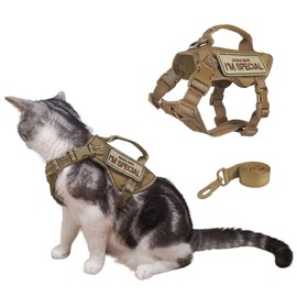 Tactical Cat Harness Adjustable Soft Padded Training Walking Esacpe Cat Vest Harness No-Pull Pet Harness Reflective with Easy Control Handle (Khaki, Leash-L)