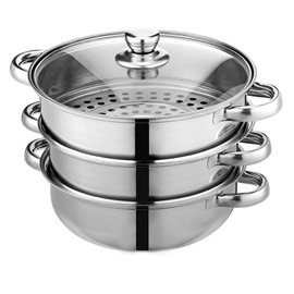 Steamer Pot for Cooking 11 inch Stainless Steel, 3-tier Multipurpose 18/8 Stainless Steel Steam Pot Cookware with Lid for Vegetable, Dumpling, Stock, Sauce, Food