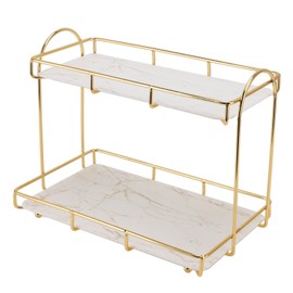 2 Tier Cosmetic Storage Shelf Large Capacity Waterproof Gold Metal Rack for Bathroom Kitchen Bedroom Organizer Countertop with Golden Liner