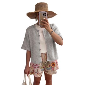 SCUSTY Women's Lightweight Cardigan Short Sleeve Button-Down Summer Cardigan Sweater(Grey-XS)