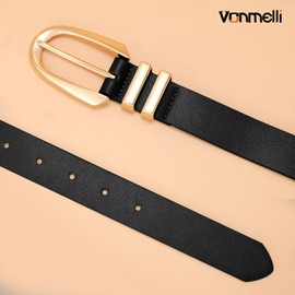 VONMELLI Women's Leather Belts For Jeans Dresses Pants Casual Fashion Ladies Waist Belt with Gold/Silver Buckle Black Fit Waist Size 31"-35"