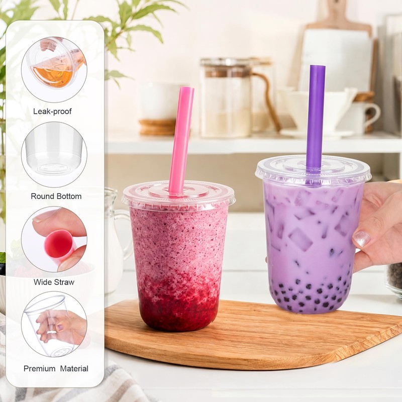 100 Sets 16oz Clear Plastic Cups with Lids & Colorful