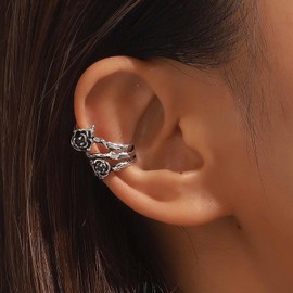 Inilbran Gothic Rose Ear Cuff Earrings Vintage Thorn Rose Clip On Earrings Silver Rose Cartilage Clip Earrings Punk No Piercing Earrings Jewelry for Women and Girls