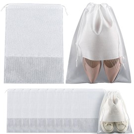 SOFPLATE 10 Pack 17.3 x 12.6 inch Drawstring Pouch Shoe Storage Bags with Window White Large Portable Non-Woven Fabric Shoe Bag Pouches for Home Travel Essentials Cosmetic Toiletry Packing Suitcase