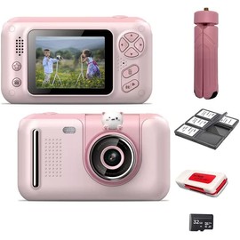 eDealz Full 1080P Kids Selfie Flip Lens HD Digital Photo & Video Rechargeable Camera with 2" Screen, Matching Handheld Tripod, 32GB Card, Memory Card Case, Card Reader & Micro USB Charging (Pink Kit)