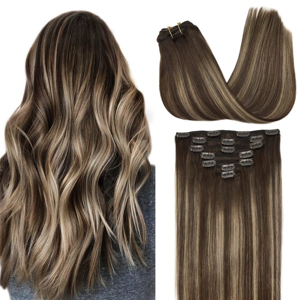 GOO GOO Clip-in Hair Extensions for Women, Soft & Natural, Handmade Real Human Hair Extensions, Chocolate Brown to Honey Blonde, Long, Straight #T(4/26)/4, 7pcs 120g 20 inches