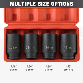 DASBET 1/2" Drive Deep Impact Socket Set 4PCS Heavy Duty Drive Deep Spindle Axle Nut Impact Socket Set 6 Point, Metric 30mm, 32mm, 34mm, 36mm