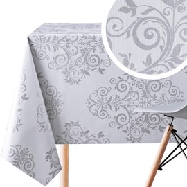 KP HOME Elegant Baroque Orient Wipe Clean Tablecloth in Grey With Silver Pattern Square 140cm x 140cm