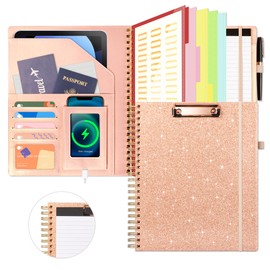 Clipboard with Storage for Men Women, Leather Padfolio Portfolio Organizer 5 Folders with 10 Pockets, Spiral Clipboard Folio with Notepad for Letter Size, Elastic Closure and Pen Loop Rose Gold