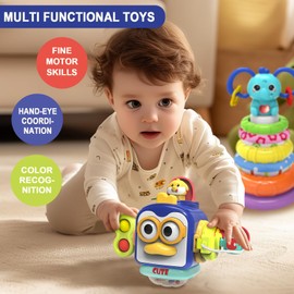 seveclotree 2-in-1 Montessori Toy for Babies, Baby Toy for 6 to 12 Months, Busy Sensory Toy and Stacking Toy, Gift for Baby from 1 2 3 Years