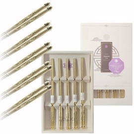 BALWOO Korean Flat Chopsticks [5 Sets][Made in Korea] 304 Premium Stainless Steel Mukbang Cutlery Silverware Metal Chopsticks (Korean Phoenix, TITANIUM)