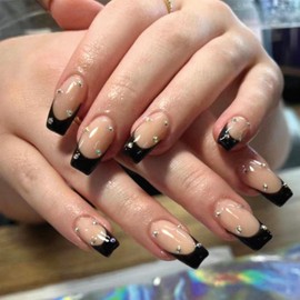 SINHOT French Tip Press on Nails Medium Coffin Fake Nails Black Acrylic Nails Glossy Glue on Nails Rhinestones Ballerina Artificial Nails Stick on False Nails with Design 24 pcs