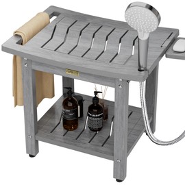 YEFU Shower Chair for Inside Shower: 21 Inch Oversized Waterproof/No Maintenance - Shower Stool with Shelf & Handle 400 LBS - Bathrooms/Outdoor - Non-Slip Easy Assemble Bench for Adult/Elderly/Grey